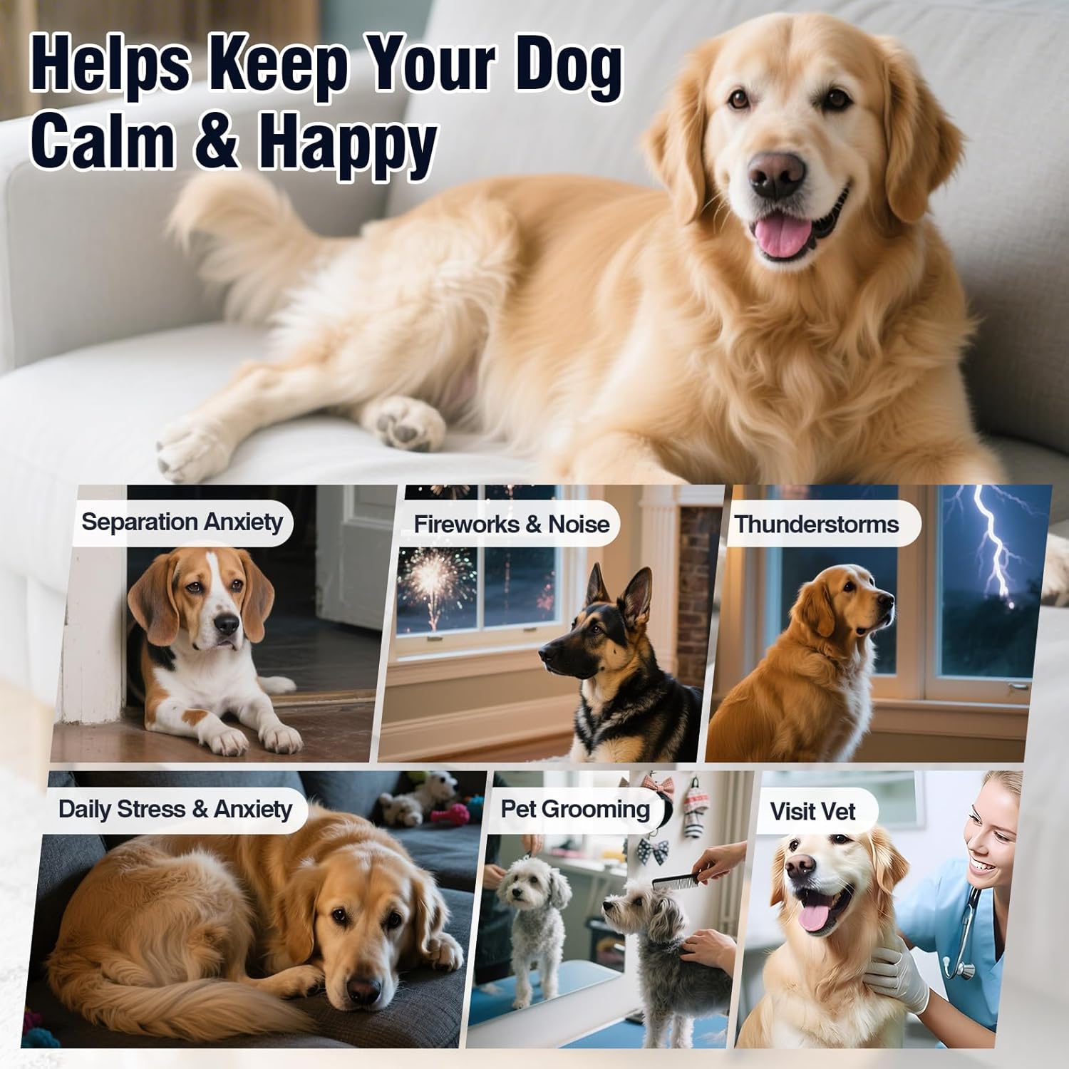 Helps with separation anxiety, fireworks, thunderstorms, daily stress, grooming and vet visits