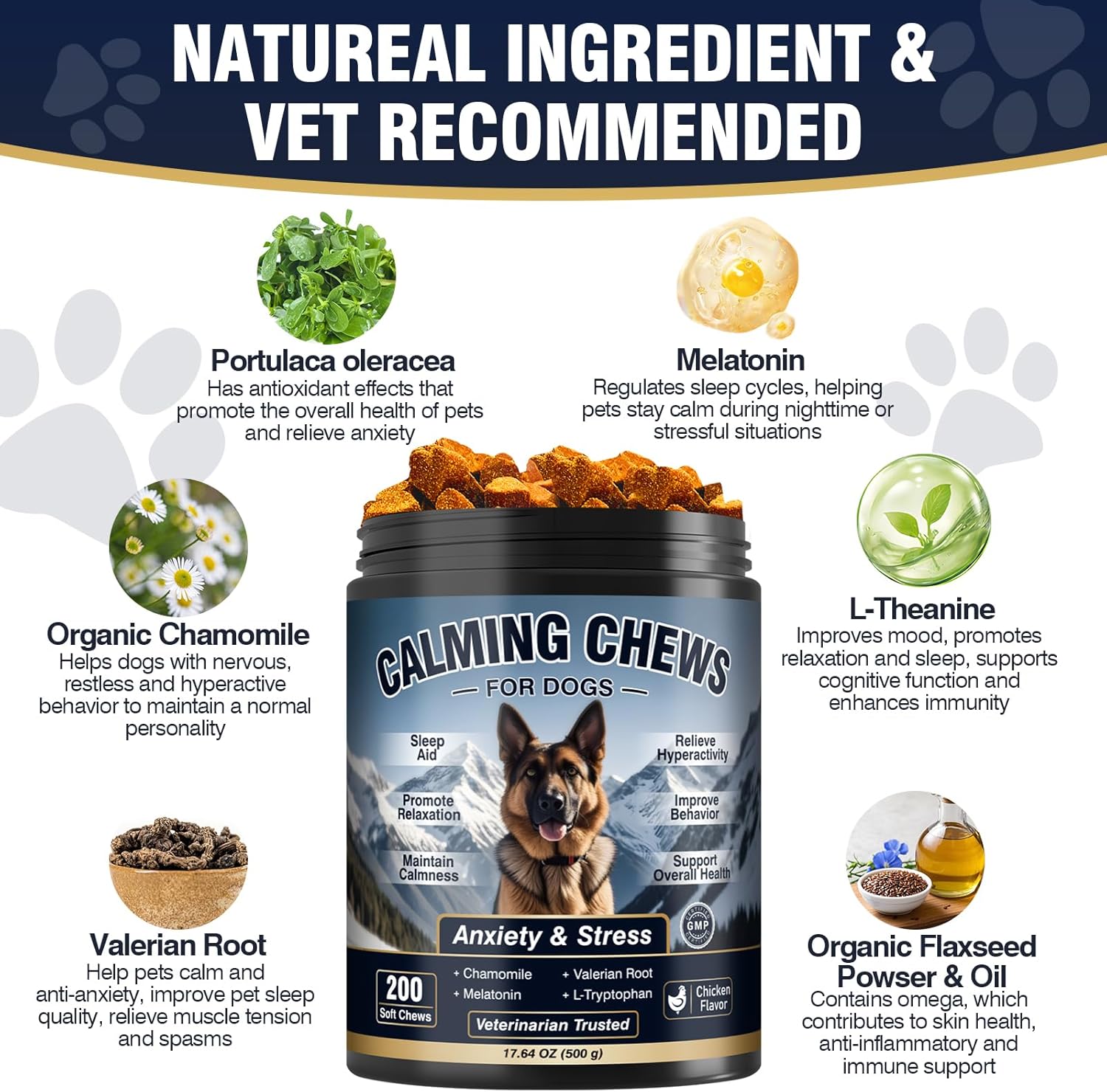Natural calming ingredients: purslane, chamomile, valerian root, L-theanine, flaxseed and melatonin